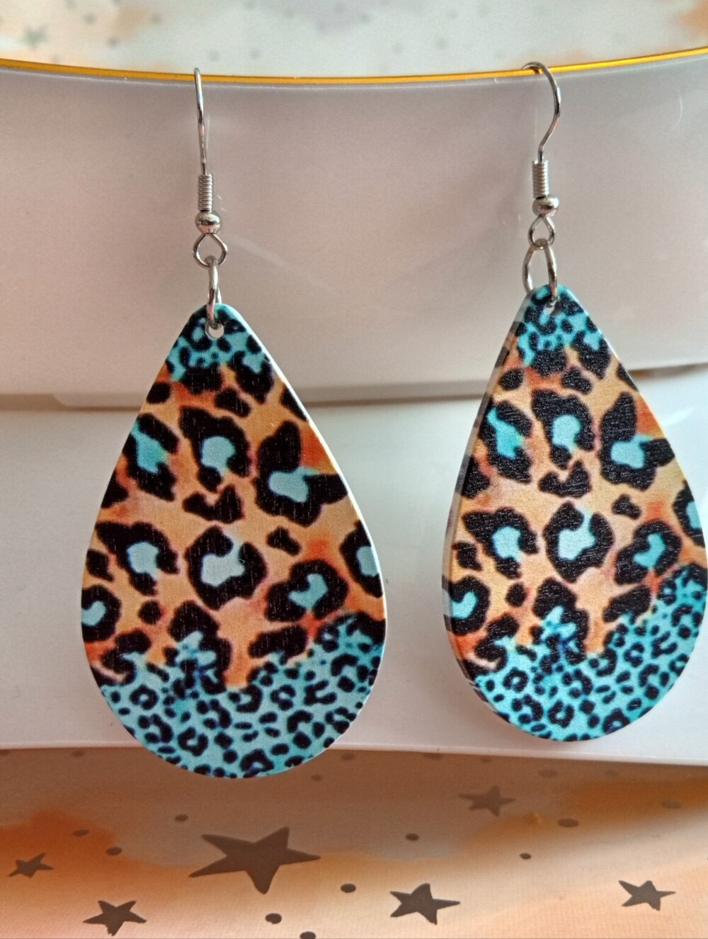 Teardrop Leopard Print Dangle Earrings in Turquoise and Orange